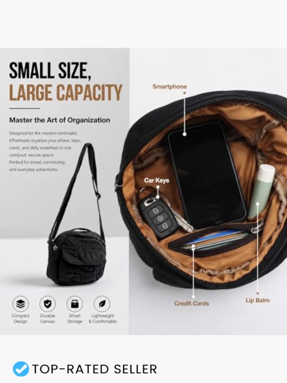 Canvas Crossbody Bag Small Cute Purse Mini Shoulder Bag Zipper Closure - Picture 3 of 7